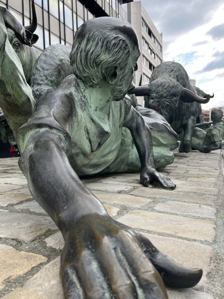 Pamplona’s bronze tribute to the Running of the Bulls.