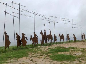 Camino Frances Alto de Perdon metal pilgrim statues.