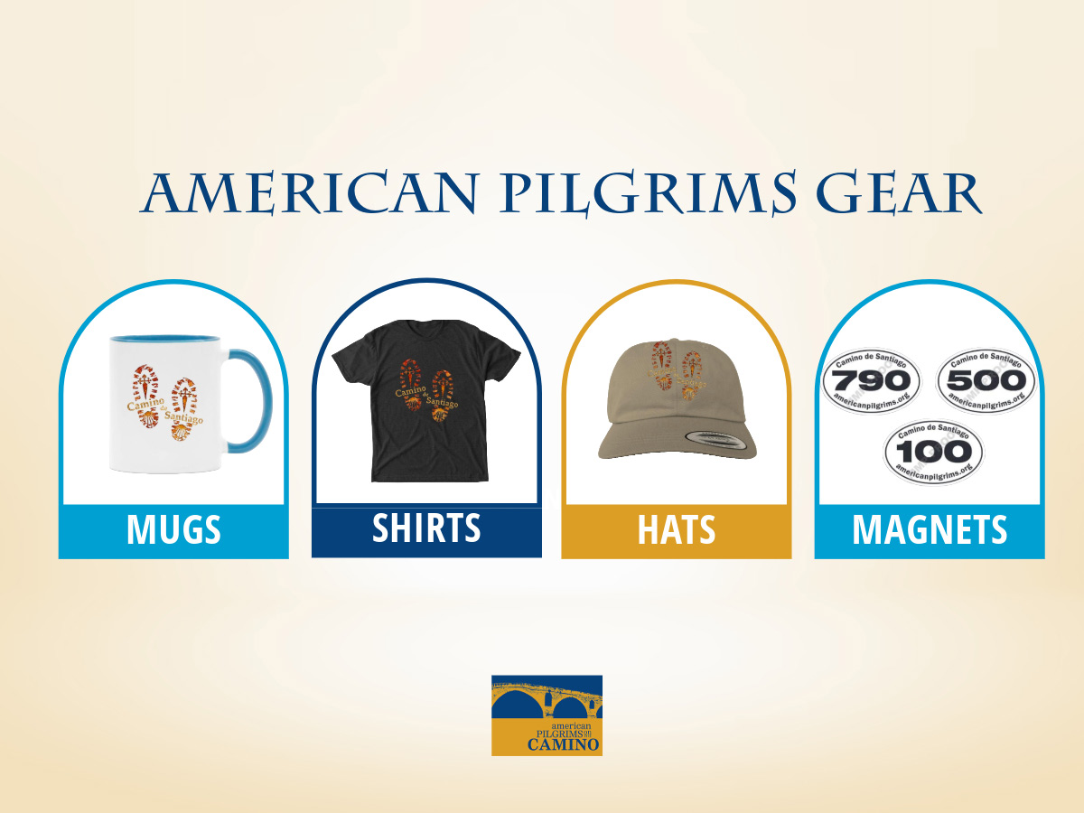 American Pilgrims gear, with tshirt, hat, mug, magnet.