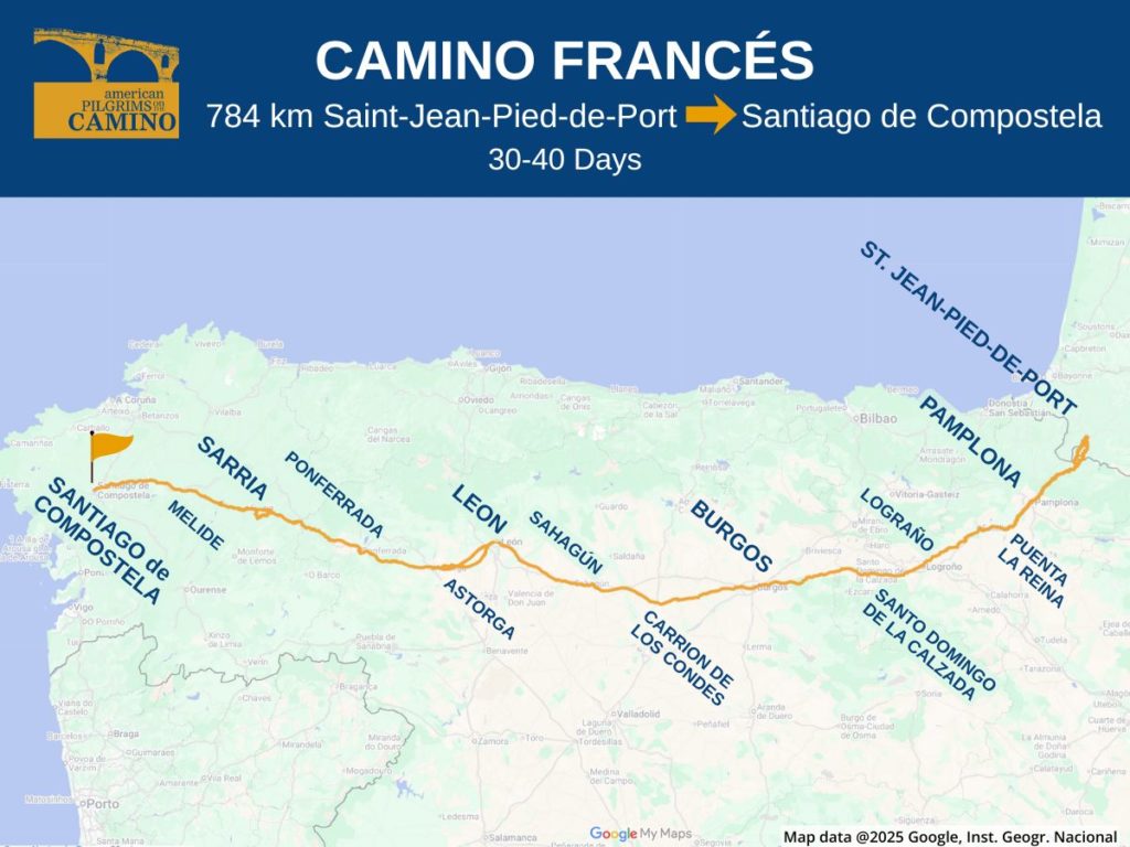 Camino Francés route overview map feature.